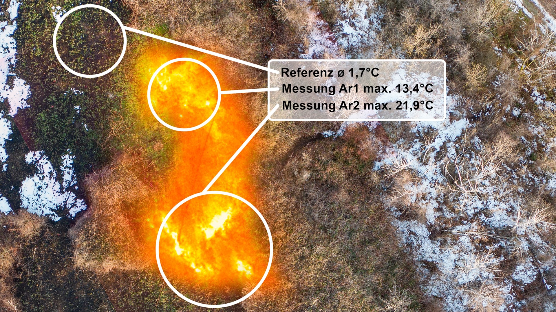 Thermografie-Drohne zeigt thermische Auffälligkeiten und Temperaturmessungen auf einer Halde