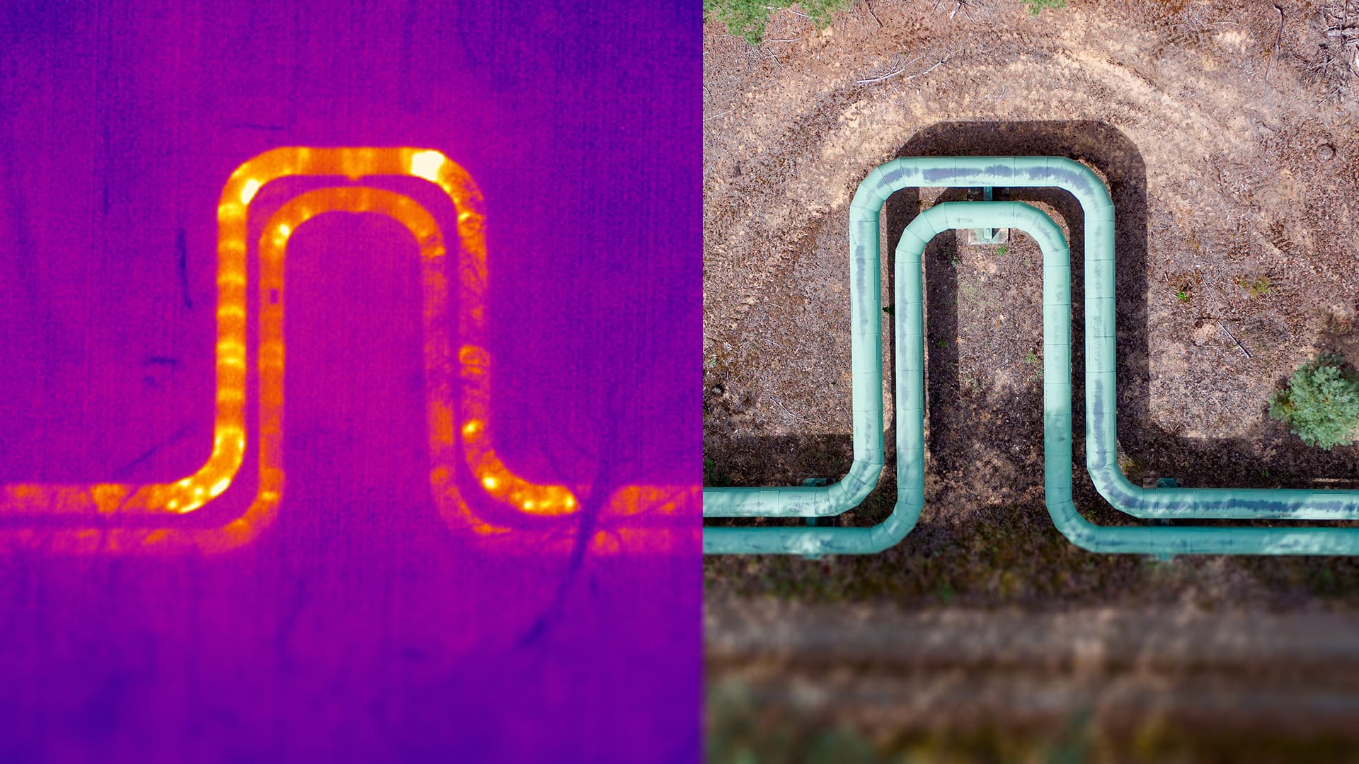 Vergleich von Wärmebild und Luftbild einer Fernwärmeleitung mit Dehnungsbogen – Thermografie mit Drohne zeigt Temperaturunterschiede entlang der Leitung