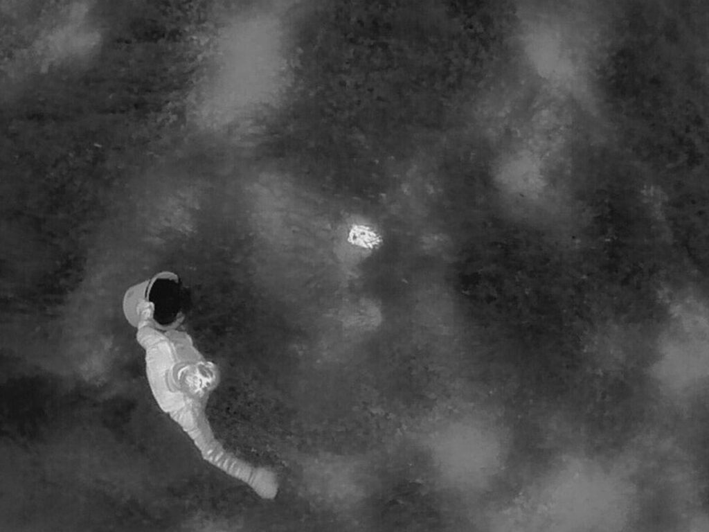 Rehkitz im Wärmebild einer Drohne bei der Rehkitzsuche vor der Mahd